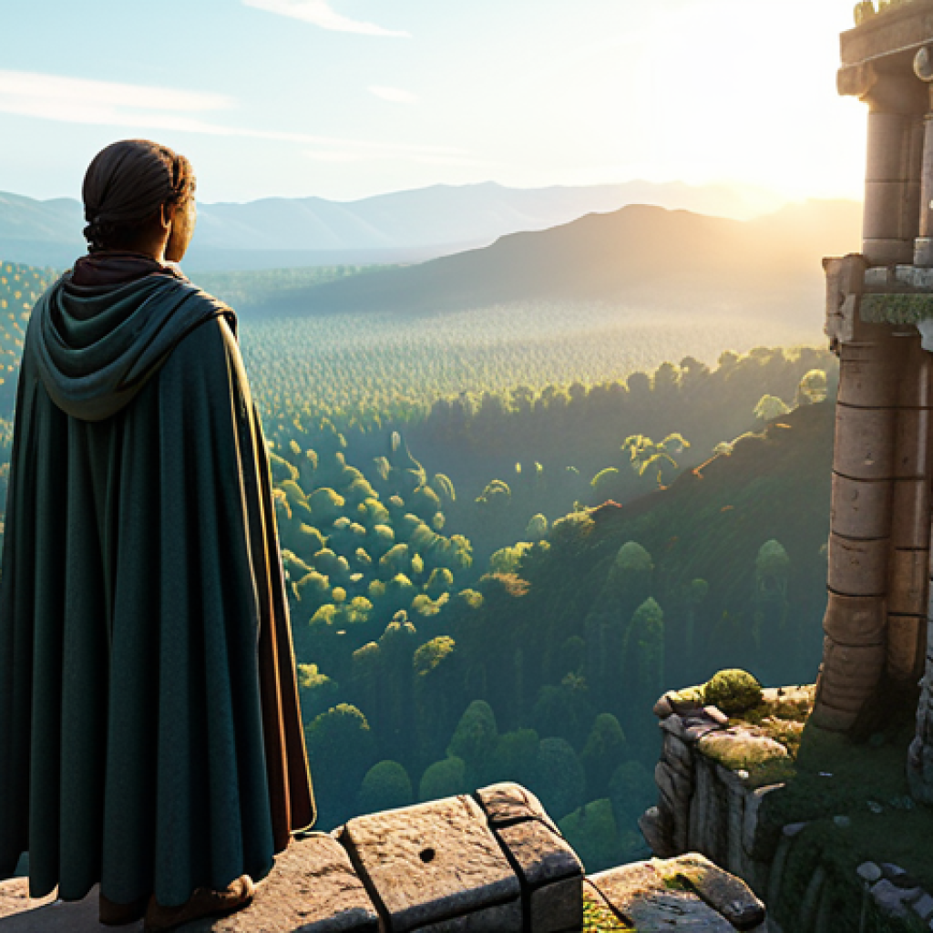 A solitary adventurer, fully clothed in modest, practical quest attire, stands atop a towering ancient ruin, overlooking a vast, intricately detailed open-world fantasy landscape at sunrise. Golden light illuminates the complex architecture of the ruins and the sprawling forests below. The scene conveys a sense of wonder and grand discovery. perfect anatomy, correct proportions, natural pose, well-formed hands, proper finger count, natural body proportions, professional photography, high quality, safe for work, appropriate content, fully clothed, family-friendly.