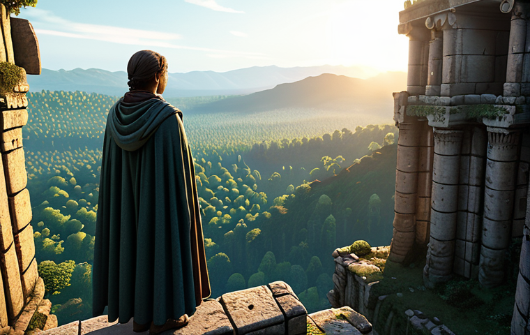 A solitary adventurer, fully clothed in modest, practical quest attire, stands atop a towering ancient ruin, overlooking a vast, intricately detailed open-world fantasy landscape at sunrise. Golden light illuminates the complex architecture of the ruins and the sprawling forests below. The scene conveys a sense of wonder and grand discovery. perfect anatomy, correct proportions, natural pose, well-formed hands, proper finger count, natural body proportions, professional photography, high quality, safe for work, appropriate content, fully clothed, family-friendly.