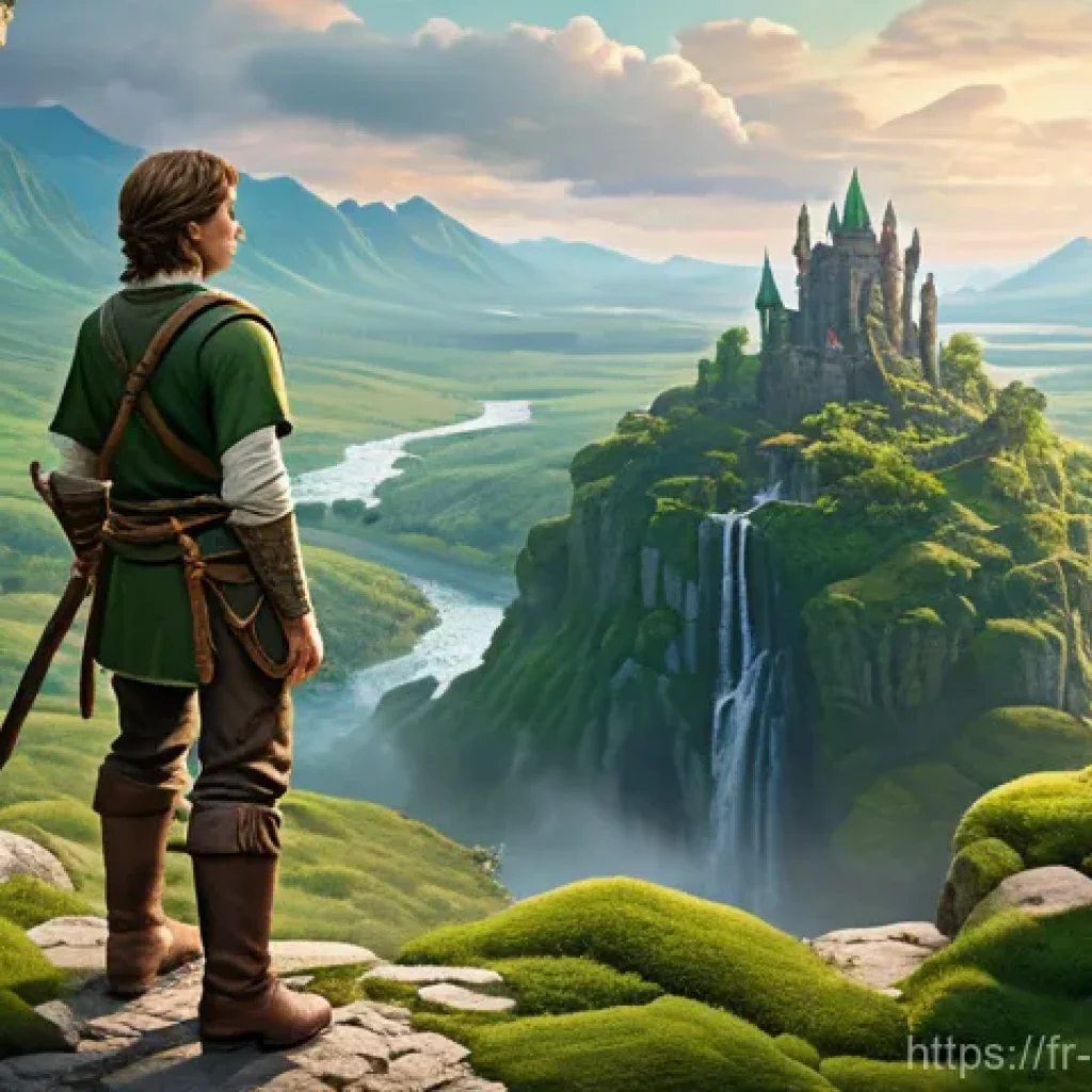 닌텐도 액션 어드벤쳐 타이틀 - A heroic adventurer, dressed in a detailed green tunic, brown trousers, and leather boots, resemblin...