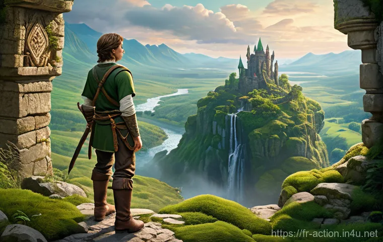 닌텐도 액션 어드벤쳐 타이틀 - A heroic adventurer, dressed in a detailed green tunic, brown trousers, and leather boots, resemblin...