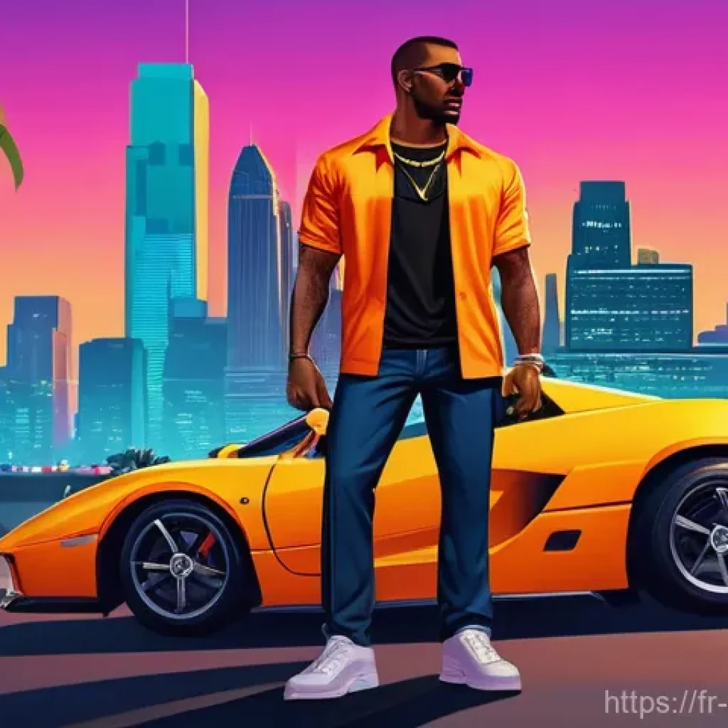 멀티플레이 액션 어드벤쳐 - **Grand Theft Auto VI inspired duo in Vice City:** "Two stylishly dressed characters, a man and ...