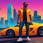 멀티플레이 액션 어드벤쳐 - **Grand Theft Auto VI inspired duo in Vice City:** "Two stylishly dressed characters, a man and ...