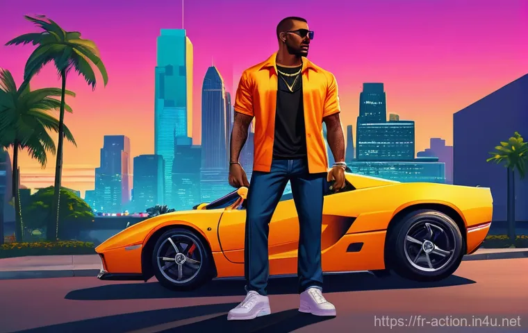 멀티플레이 액션 어드벤쳐 - **Grand Theft Auto VI inspired duo in Vice City:** "Two stylishly dressed characters, a man and ...