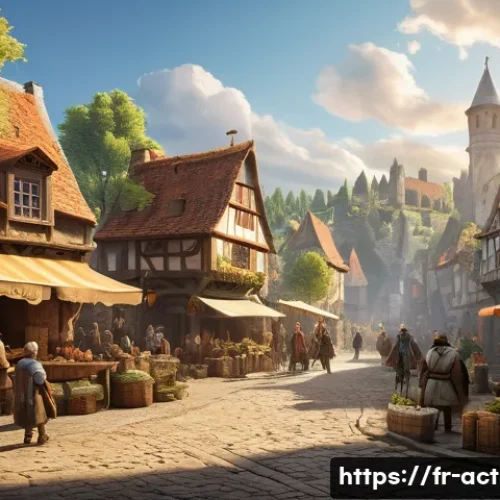 오픈월드 액션 어드벤쳐 - A vibrant open-world fantasy landscape at golden hour, featuring a bustling medieval town square fil...