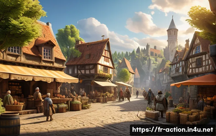 오픈월드 액션 어드벤쳐 - A vibrant open-world fantasy landscape at golden hour, featuring a bustling medieval town square fil...