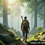 액션 어드벤쳐 게임 OST 추천 - A serene and immersive forest environment from an action-adventure game, bathed in soft, diffused su...