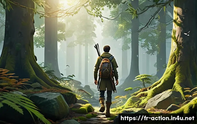 액션 어드벤쳐 게임 OST 추천 - A serene and immersive forest environment from an action-adventure game, bathed in soft, diffused su...