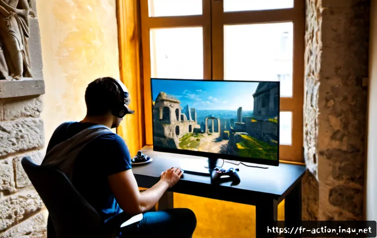 액션 어드벤쳐 게임 리뷰 - Photorealistic French gaming reviewer in a bright Paris apartment, seated at a clean desk with a con...