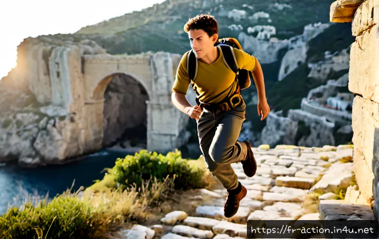 액션 어드벤쳐와 RPG 장르 차이 - Photorealistic cinematic scene illustrating action-adventure gaming: a determined young French explo...